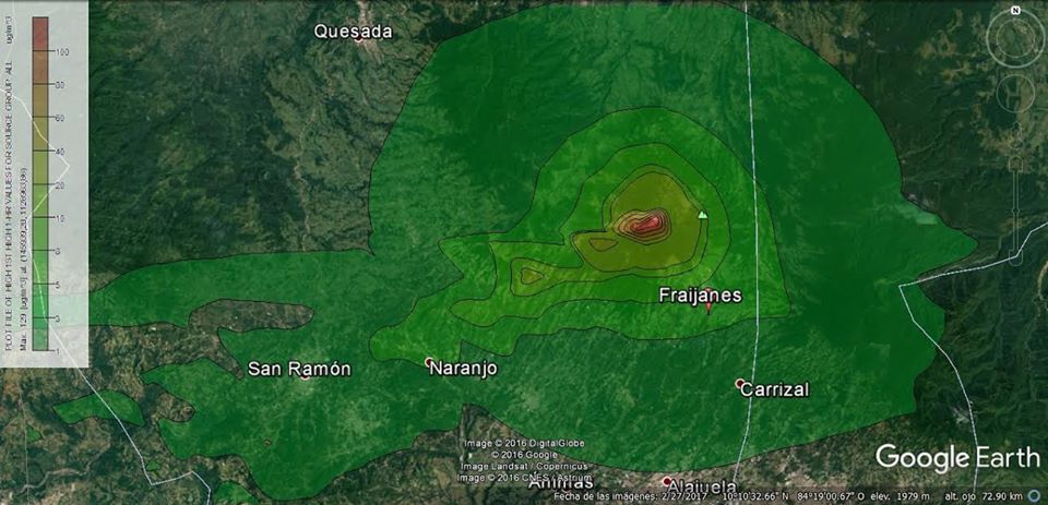 En estos lugares podría caer ceniza tras erupción del volcán Poás