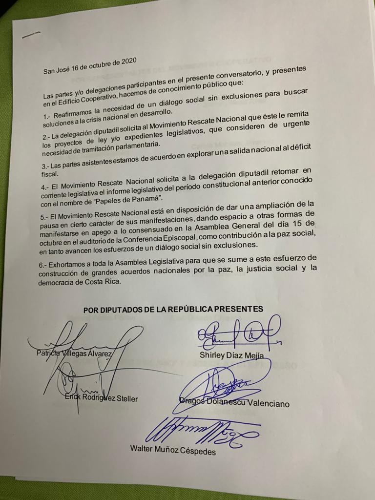 Diálogo entre diputados, Rescate Nacional y Movimiento Cooperativo llega a acuerdos